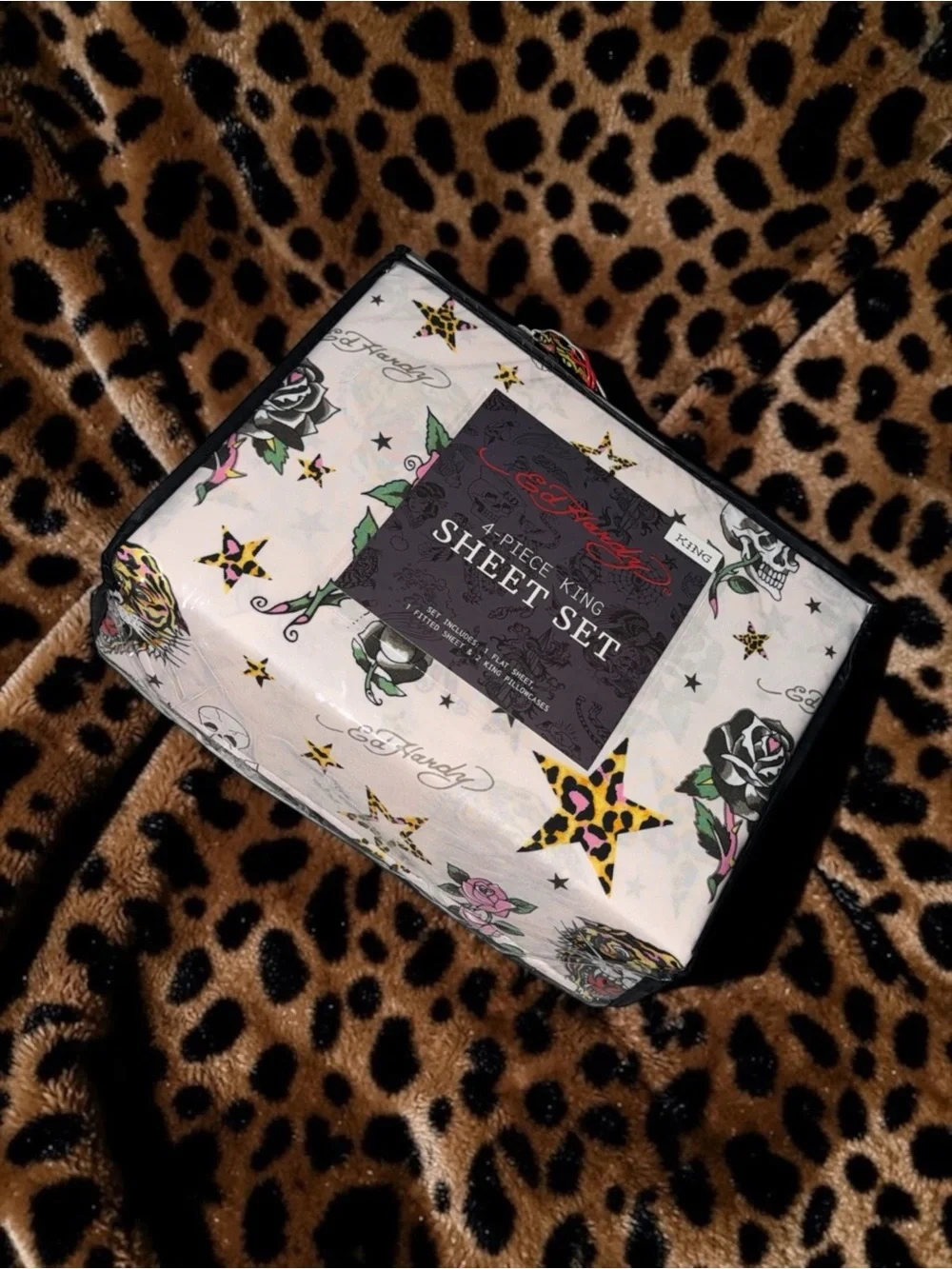 Ed Hardy White Sheet Set with Leopard Star & Rose Print